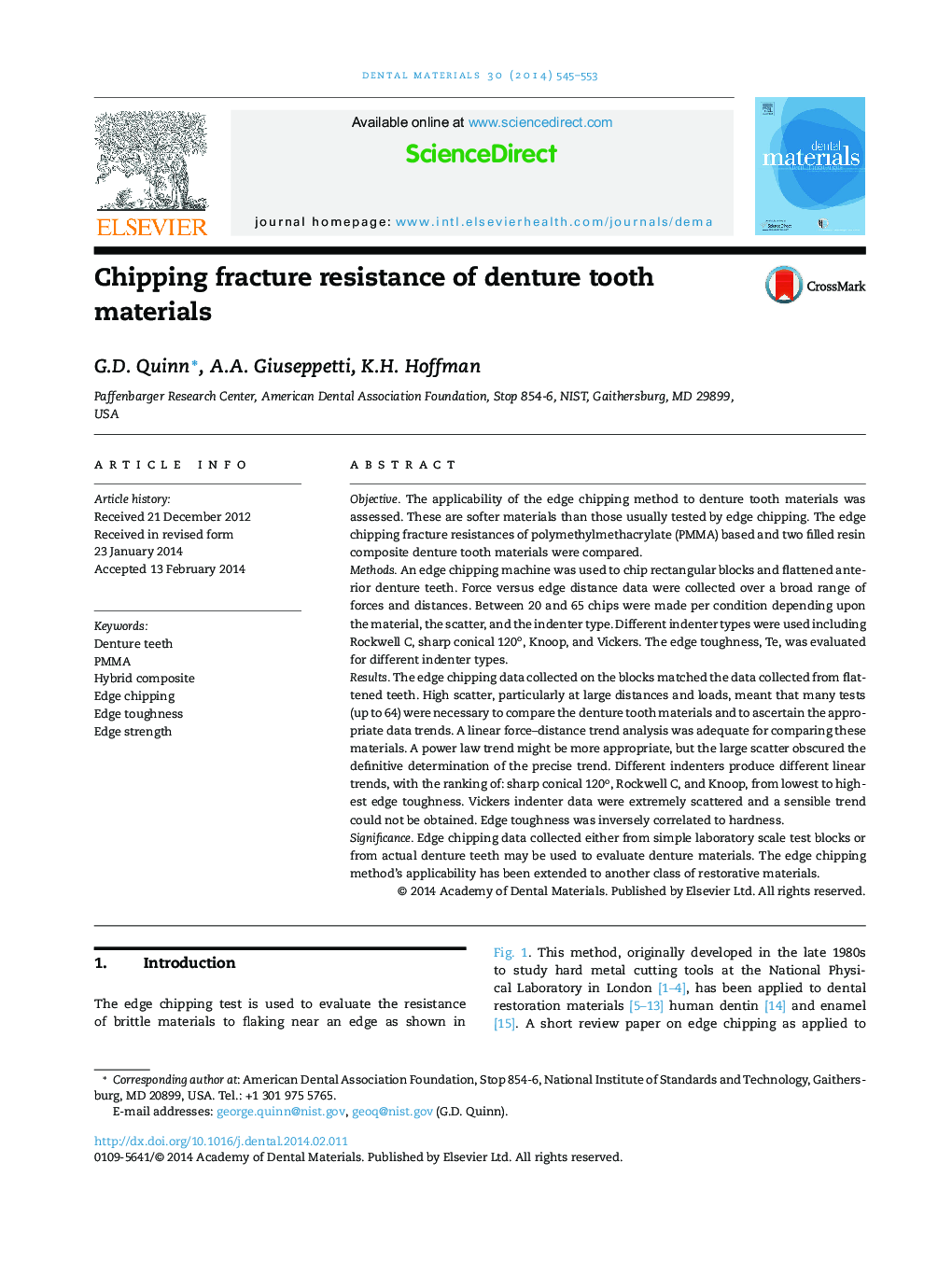 Chipping fracture resistance of denture tooth materials