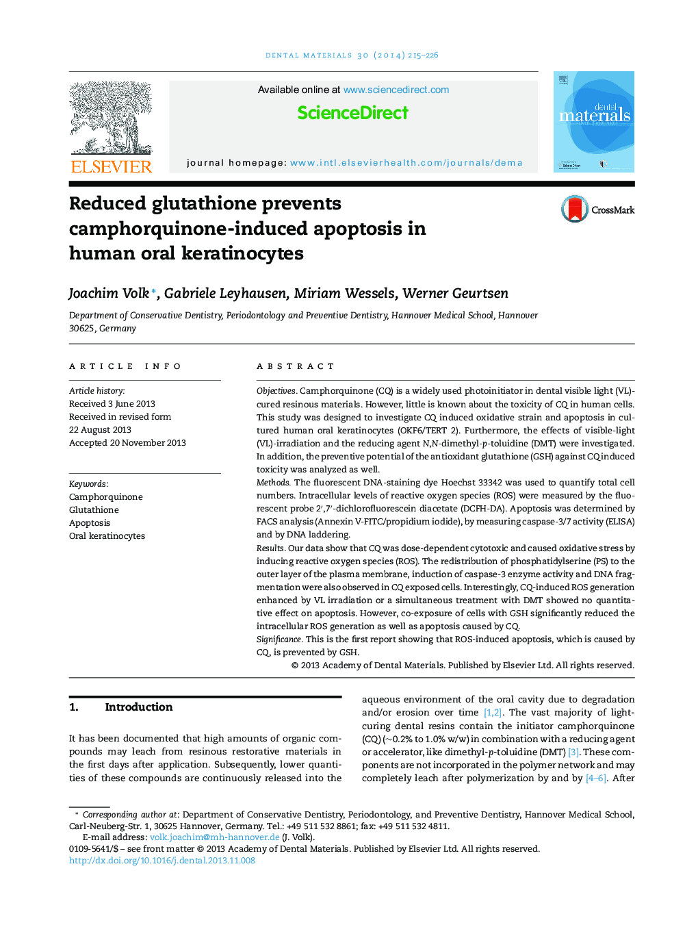 Reduced glutathione prevents camphorquinone-induced apoptosis in human oral keratinocytes