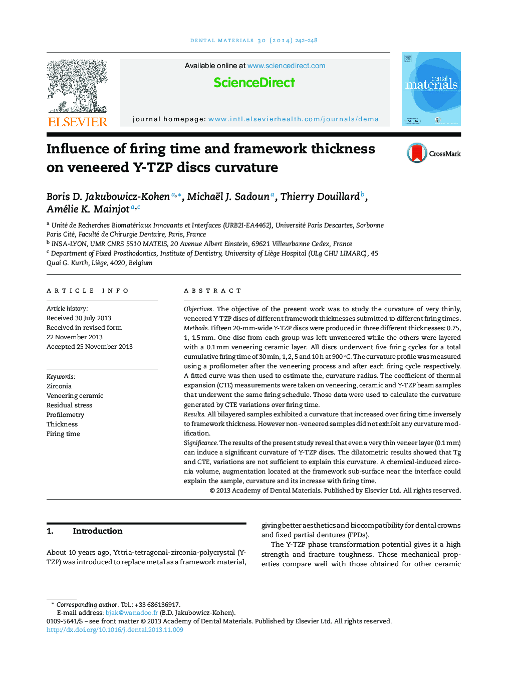 Influence of firing time and framework thickness on veneered Y-TZP discs curvature