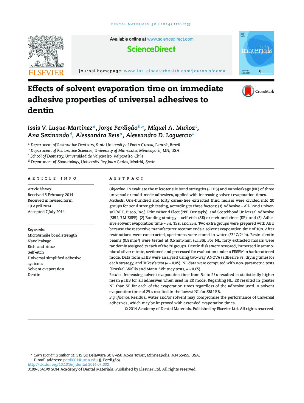 Effects of solvent evaporation time on immediate adhesive properties of universal adhesives to dentin