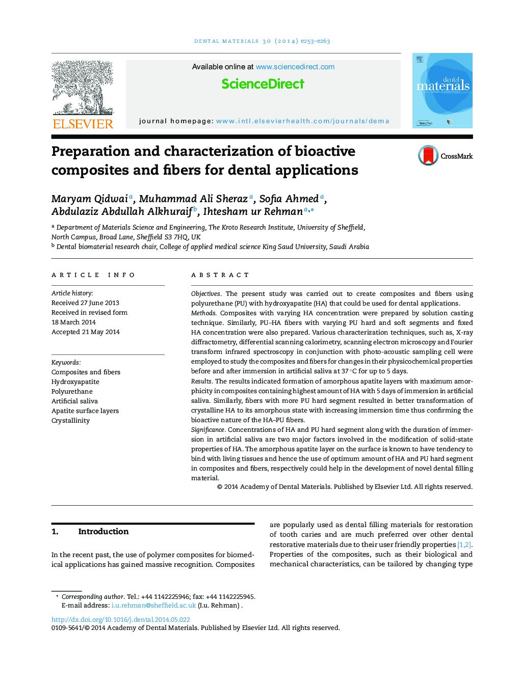 Preparation and characterization of bioactive composites and fibers for dental applications