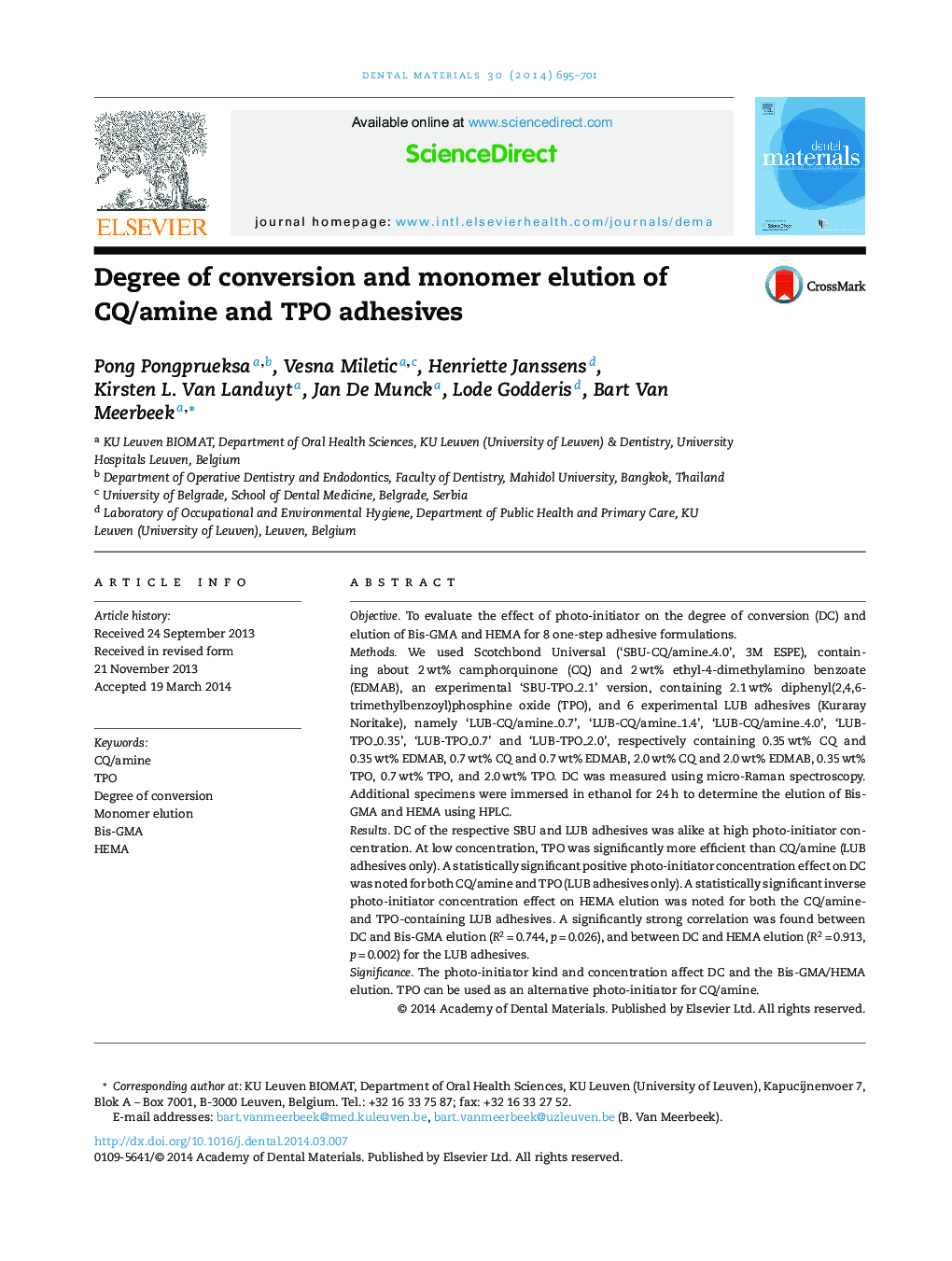 Degree of conversion and monomer elution of CQ/amine and TPO adhesives