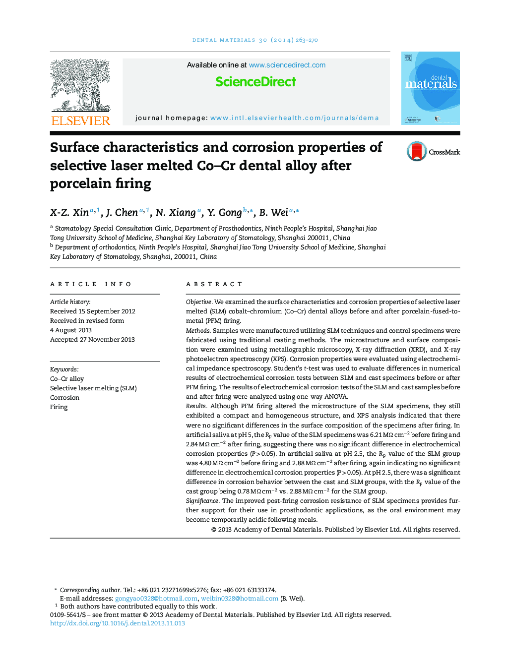 Surface characteristics and corrosion properties of selective laser melted Co–Cr dental alloy after porcelain firing