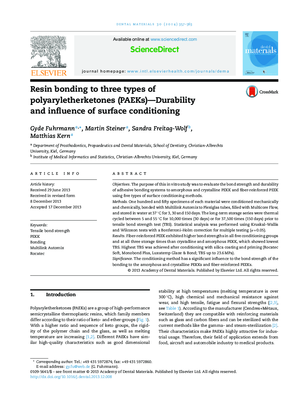 Resin bonding to three types of polyaryletherketones (PAEKs)—Durability and influence of surface conditioning