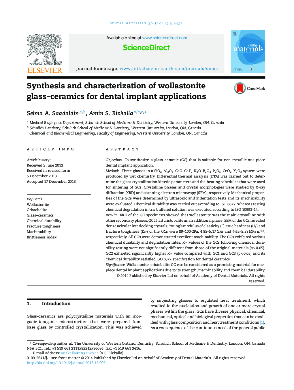 Synthesis and characterization of wollastonite glass–ceramics for dental implant applications