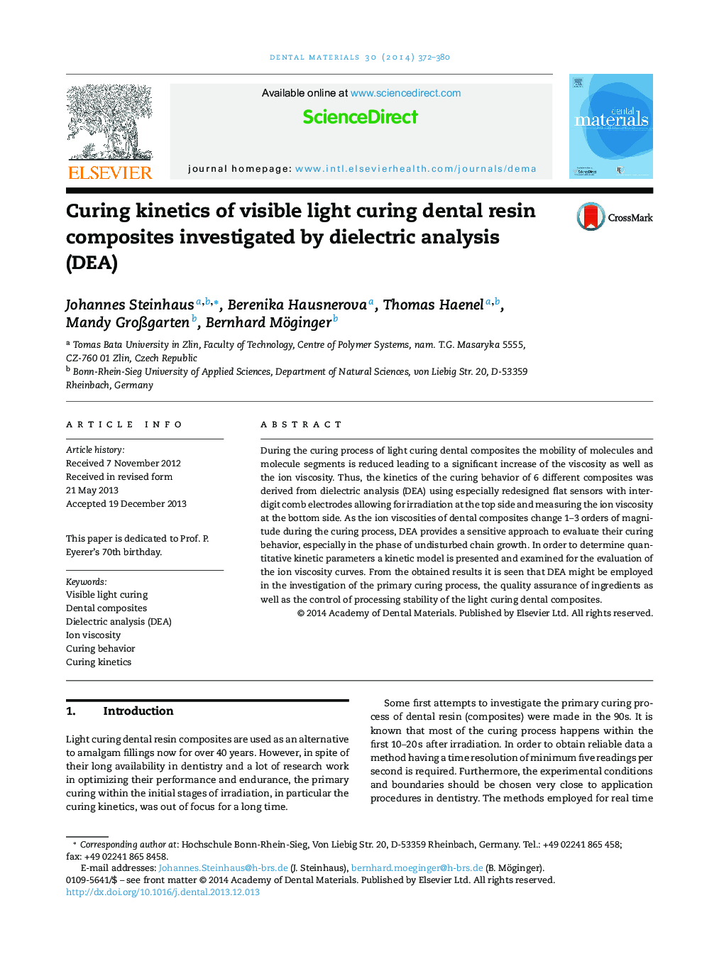 Curing kinetics of visible light curing dental resin composites investigated by dielectric analysis (DEA)