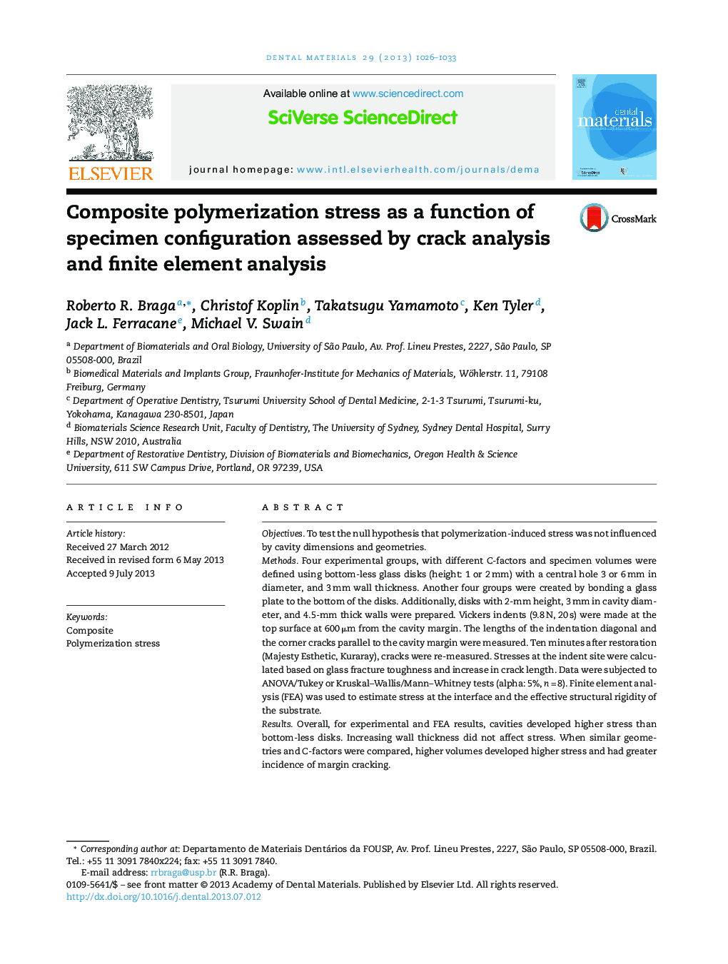 Composite polymerization stress as a function of specimen configuration assessed by crack analysis and finite element analysis