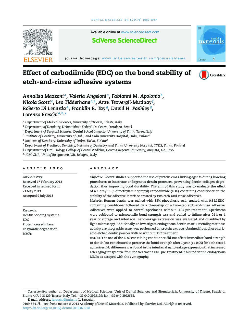 Effect of carbodiimide (EDC) on the bond stability of etch-and-rinse adhesive systems