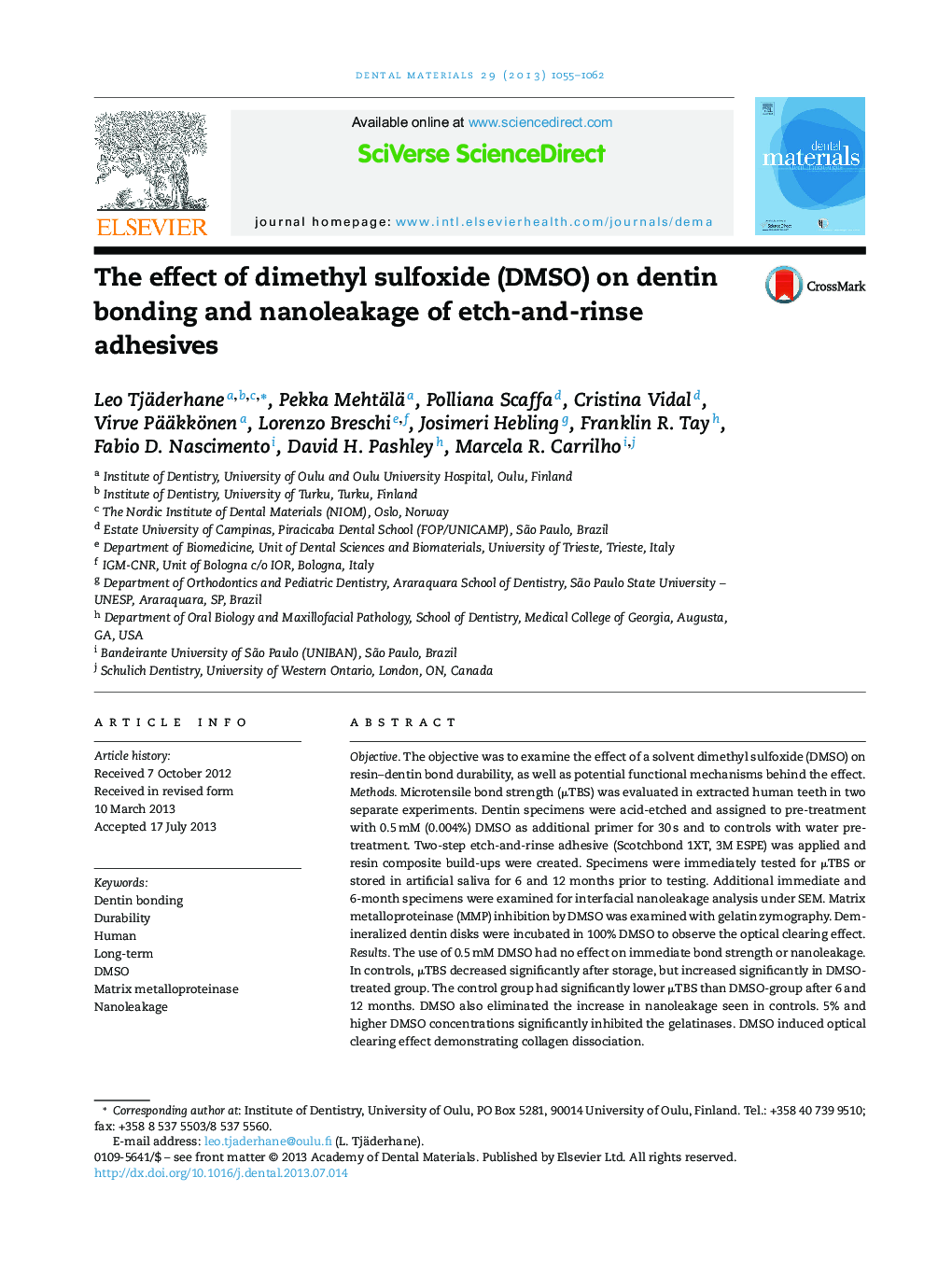 The effect of dimethyl sulfoxide (DMSO) on dentin bonding and nanoleakage of etch-and-rinse adhesives