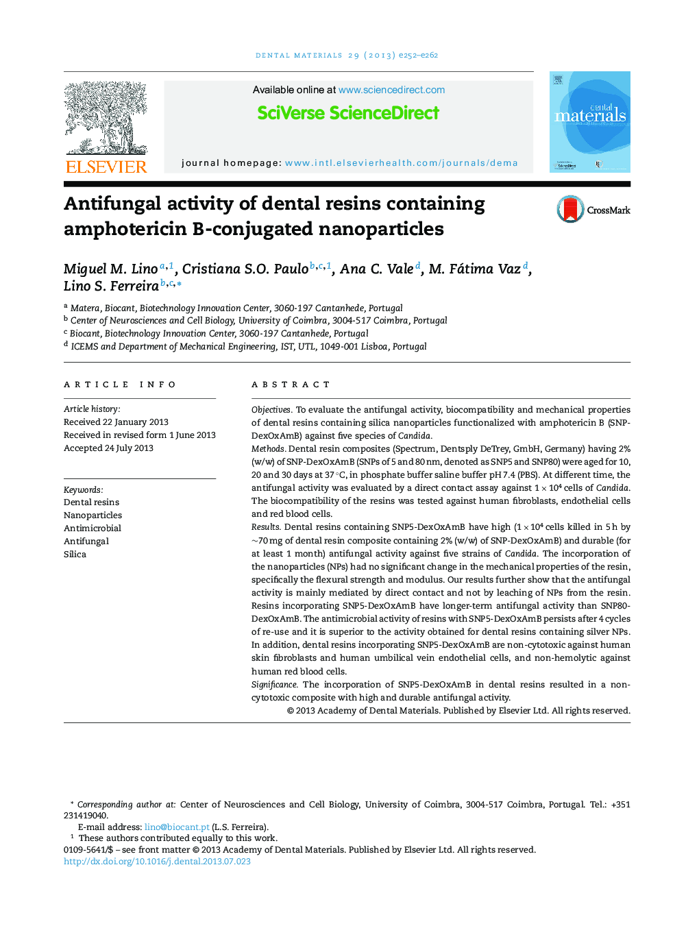Antifungal activity of dental resins containing amphotericin B-conjugated nanoparticles