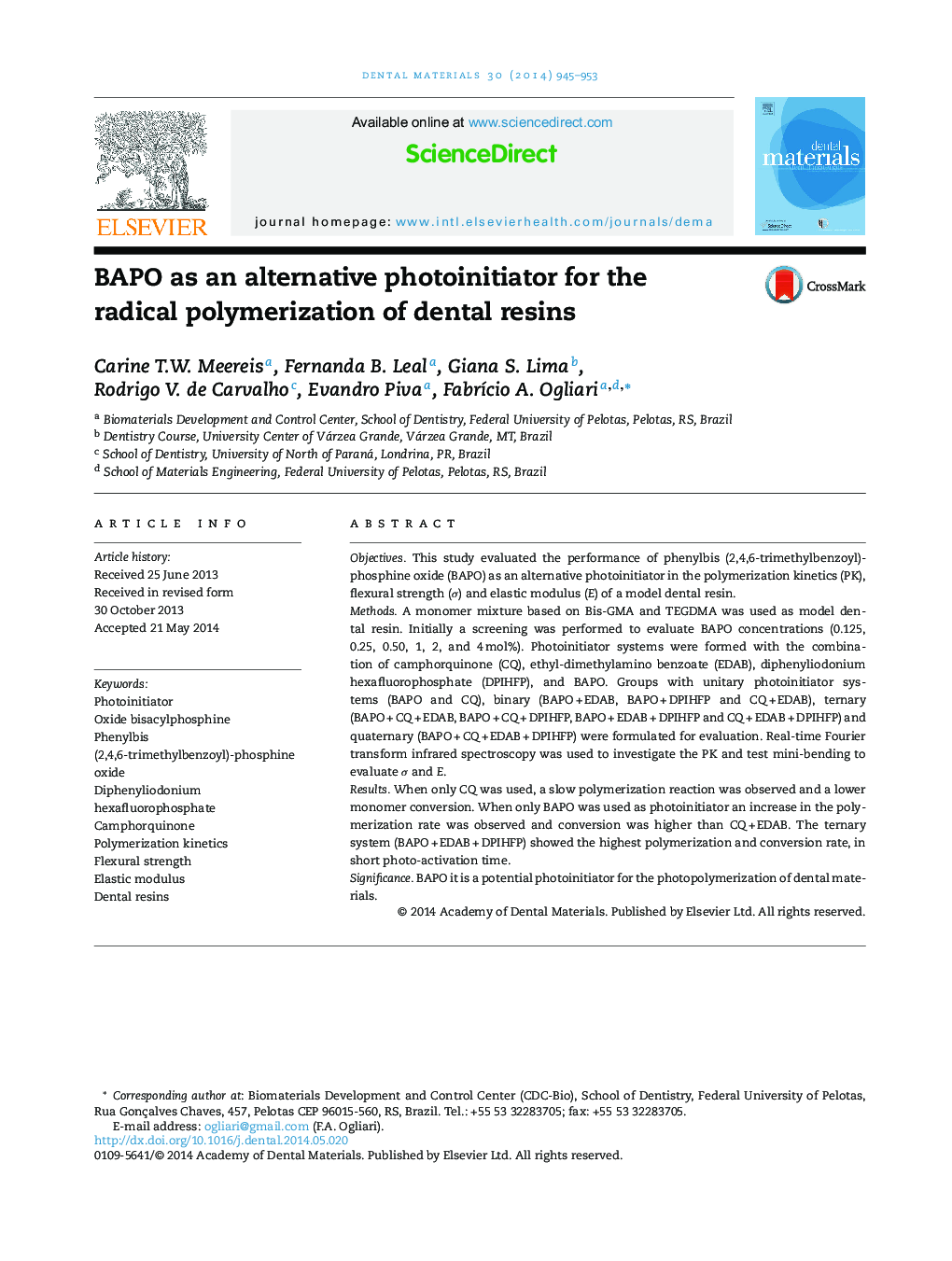BAPO as an alternative photoinitiator for the radical polymerization of dental resins