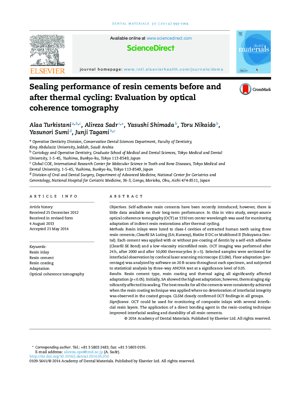 Sealing performance of resin cements before and after thermal cycling: Evaluation by optical coherence tomography