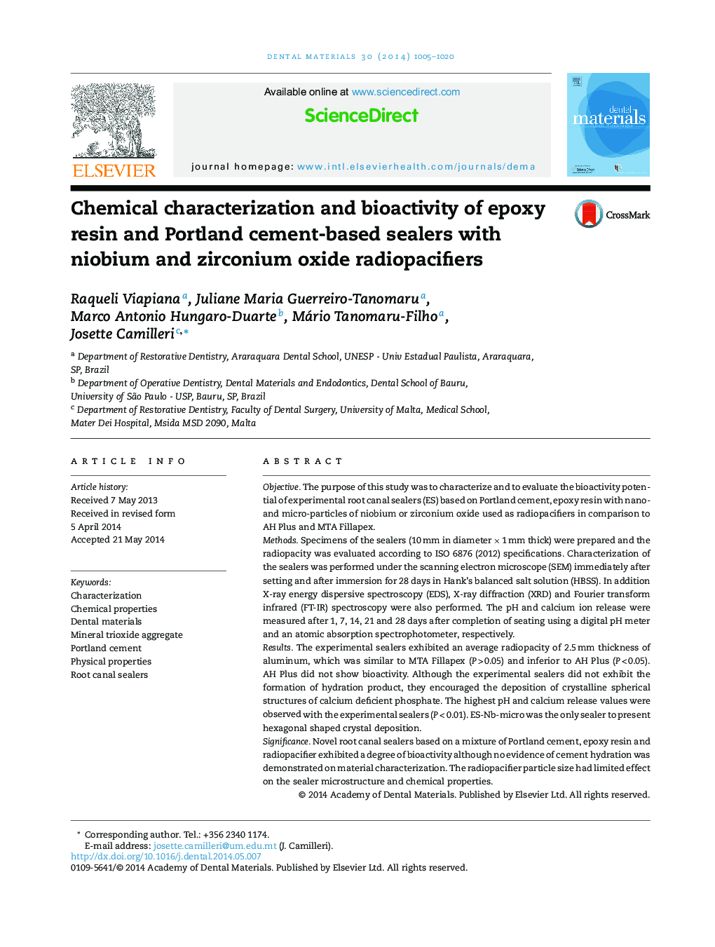 Chemical characterization and bioactivity of epoxy resin and Portland cement-based sealers with niobium and zirconium oxide radiopacifiers