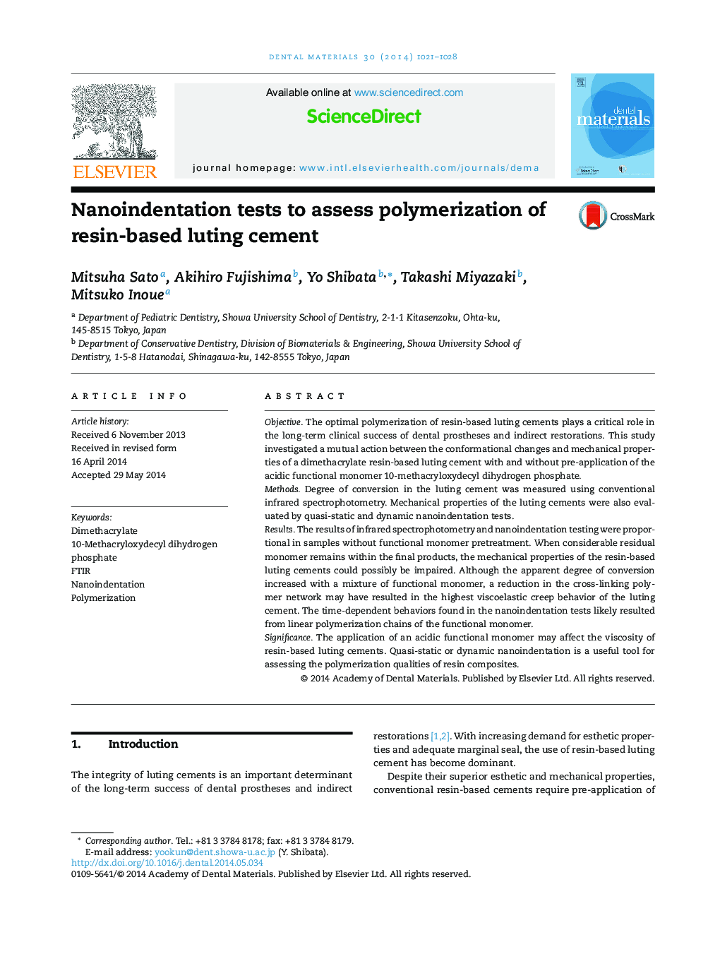 Nanoindentation tests to assess polymerization of resin-based luting cement