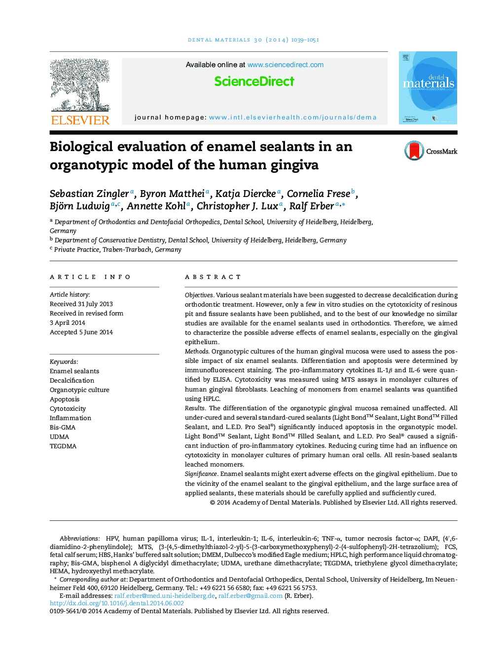 Biological evaluation of enamel sealants in an organotypic model of the human gingiva