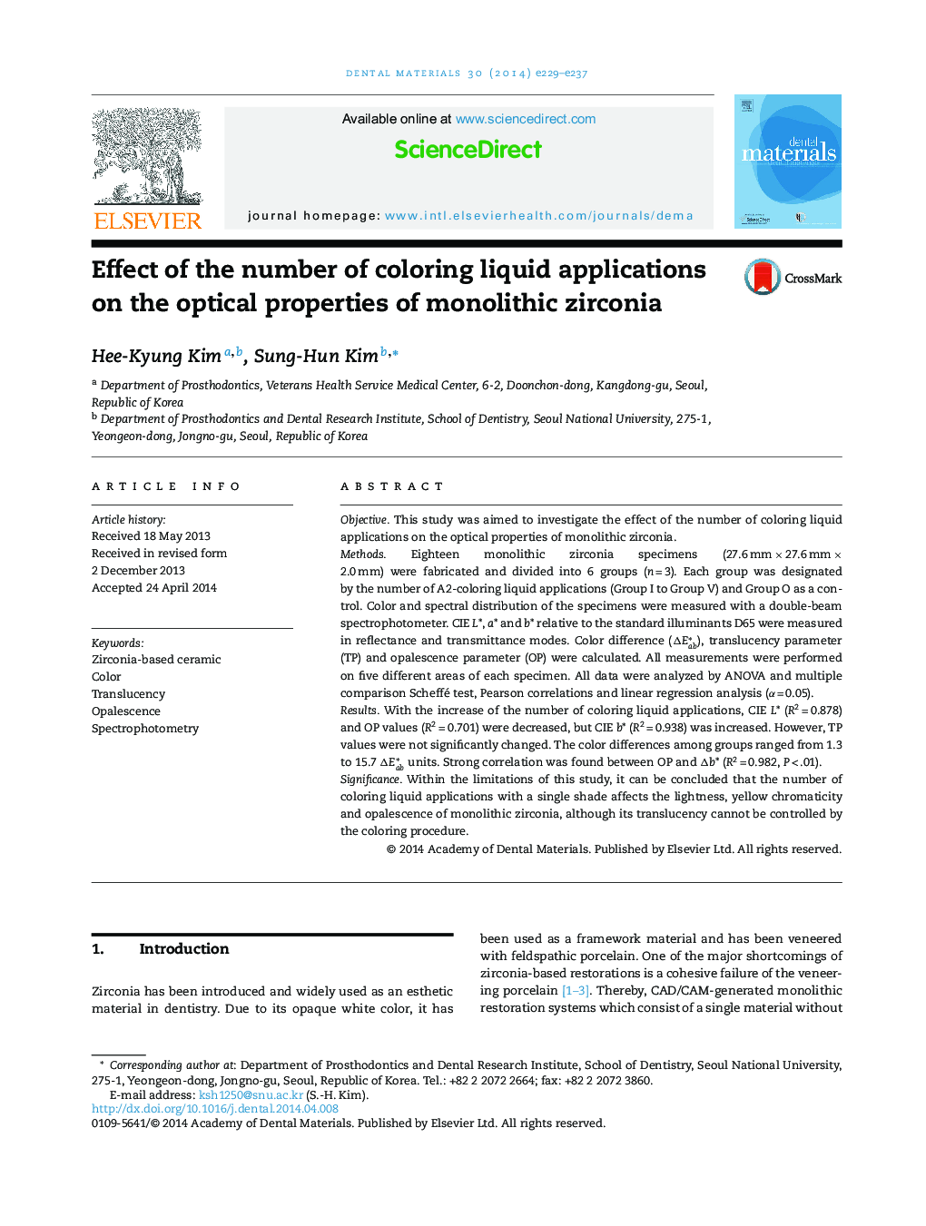 Effect of the number of coloring liquid applications on the optical properties of monolithic zirconia