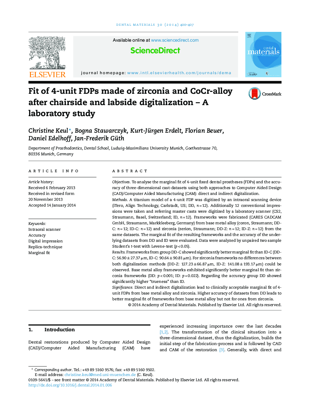 Fit of 4-unit FDPs made of zirconia and CoCr-alloy after chairside and labside digitalization – A laboratory study