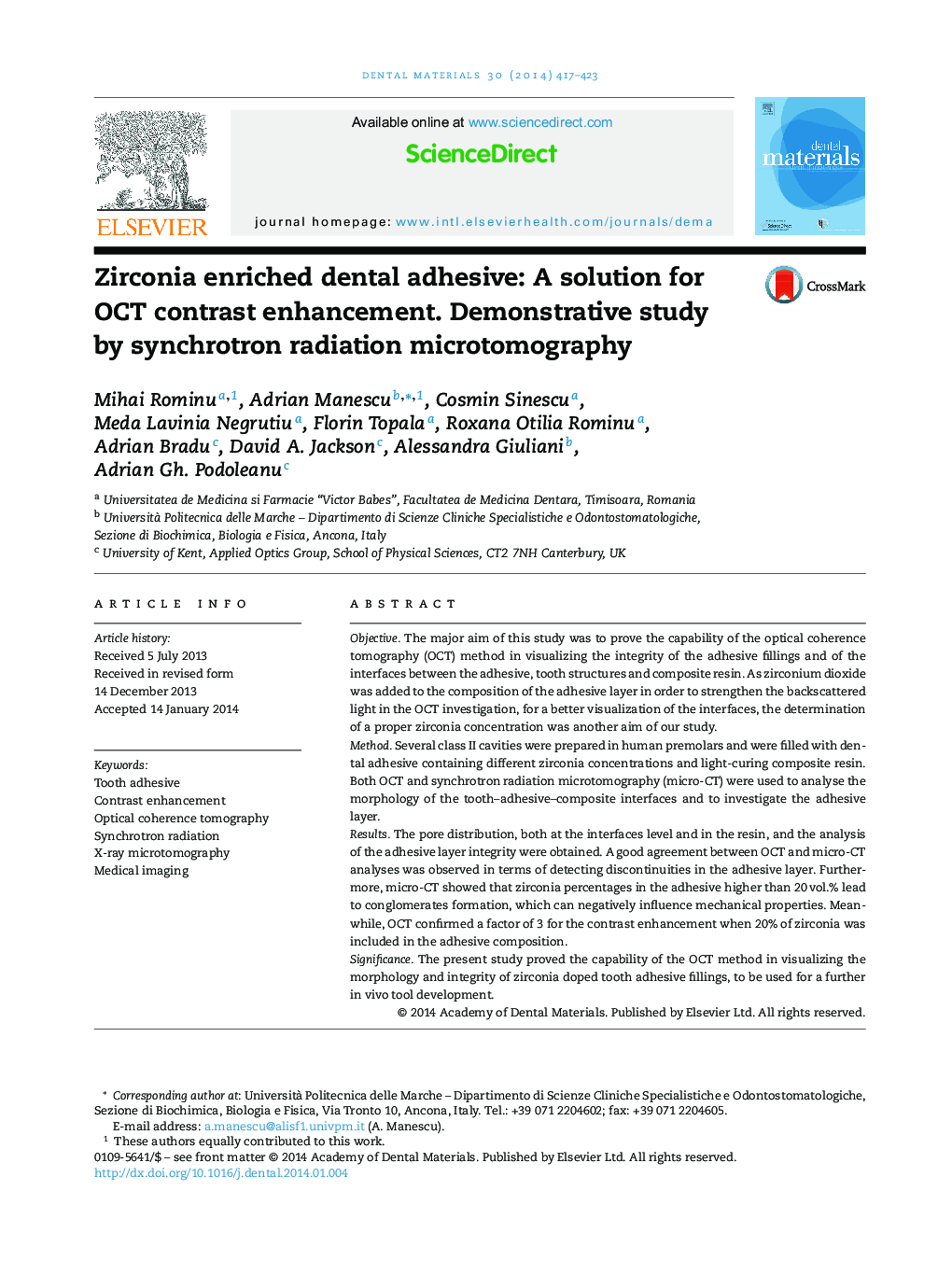 Zirconia enriched dental adhesive: A solution for OCT contrast enhancement. Demonstrative study by synchrotron radiation microtomography
