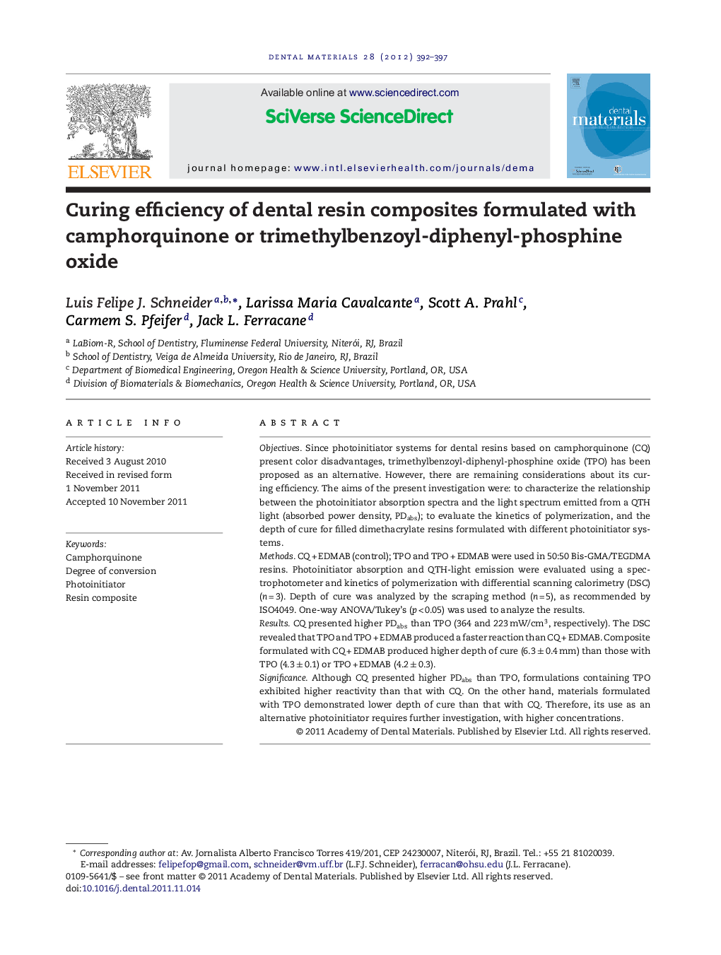 Curing efficiency of dental resin composites formulated with camphorquinone or trimethylbenzoyl-diphenyl-phosphine oxide