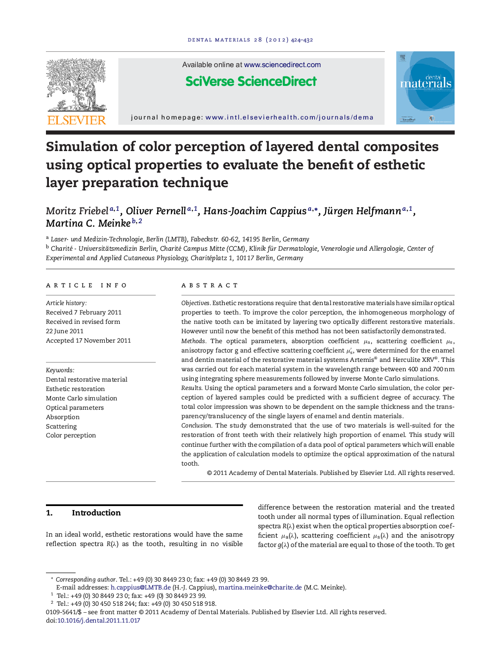 Simulation of color perception of layered dental composites using optical properties to evaluate the benefit of esthetic layer preparation technique