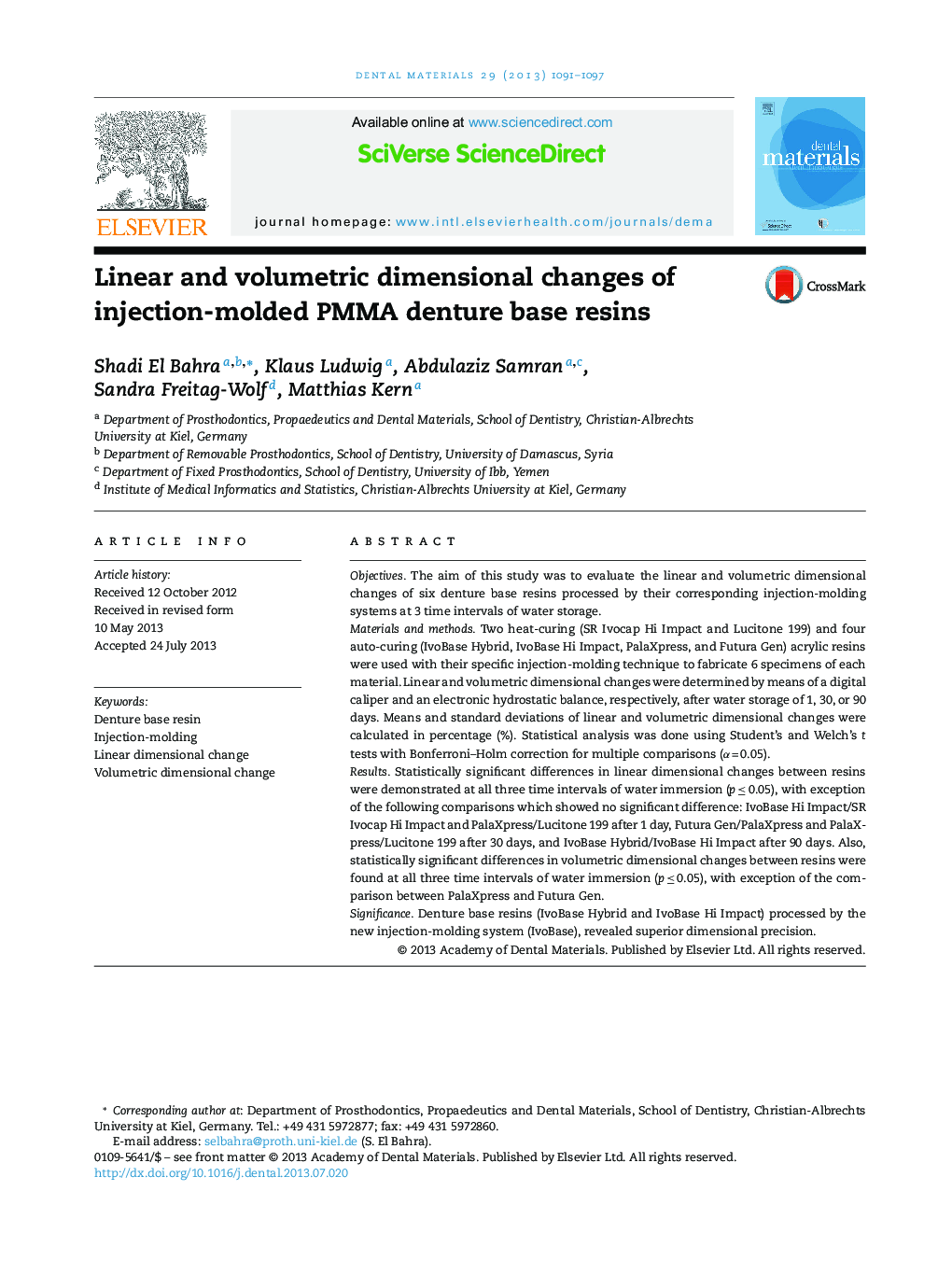 Linear and volumetric dimensional changes of injection-molded PMMA denture base resins