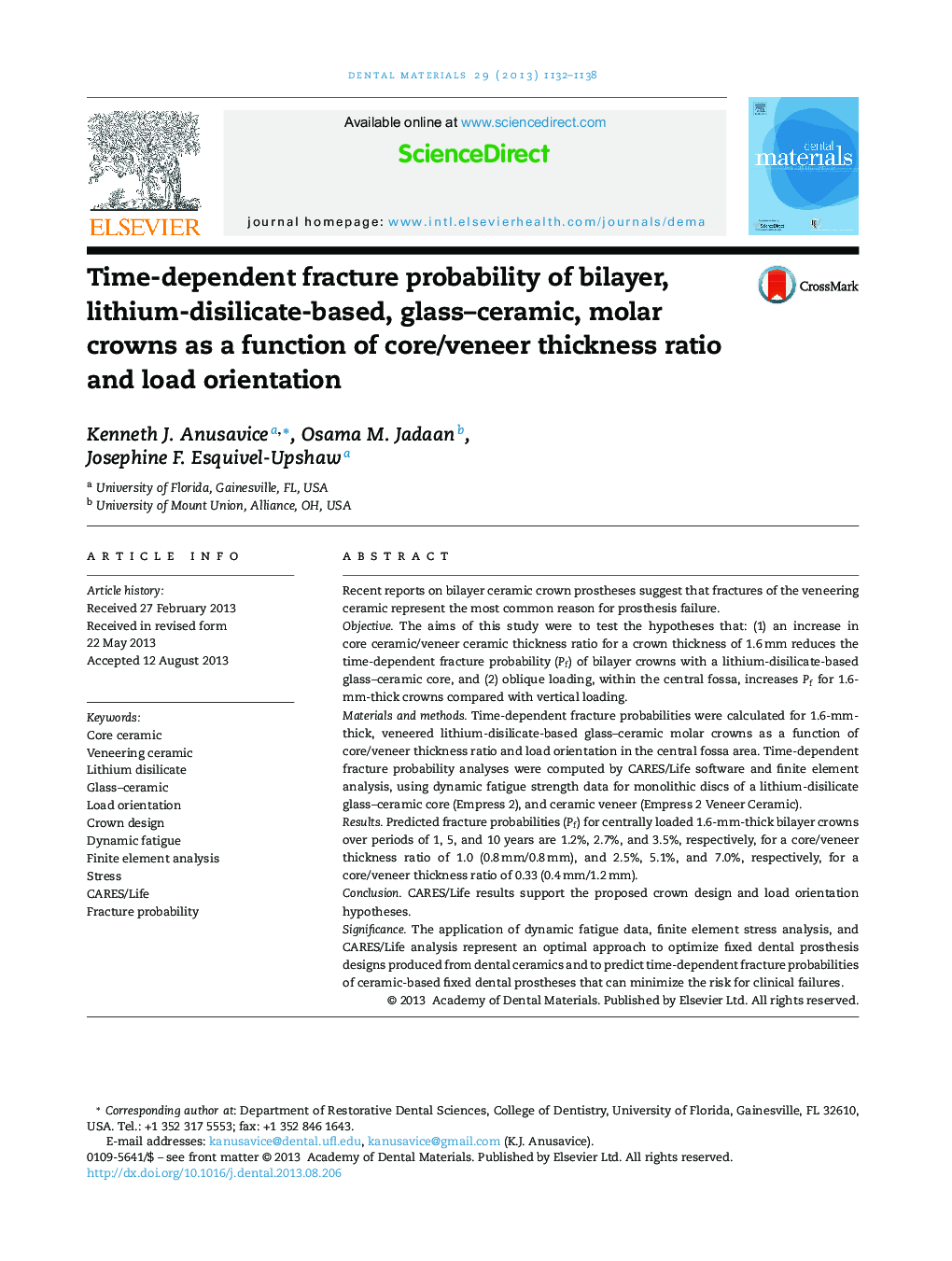 Time-dependent fracture probability of bilayer, lithium-disilicate-based, glass–ceramic, molar crowns as a function of core/veneer thickness ratio and load orientation