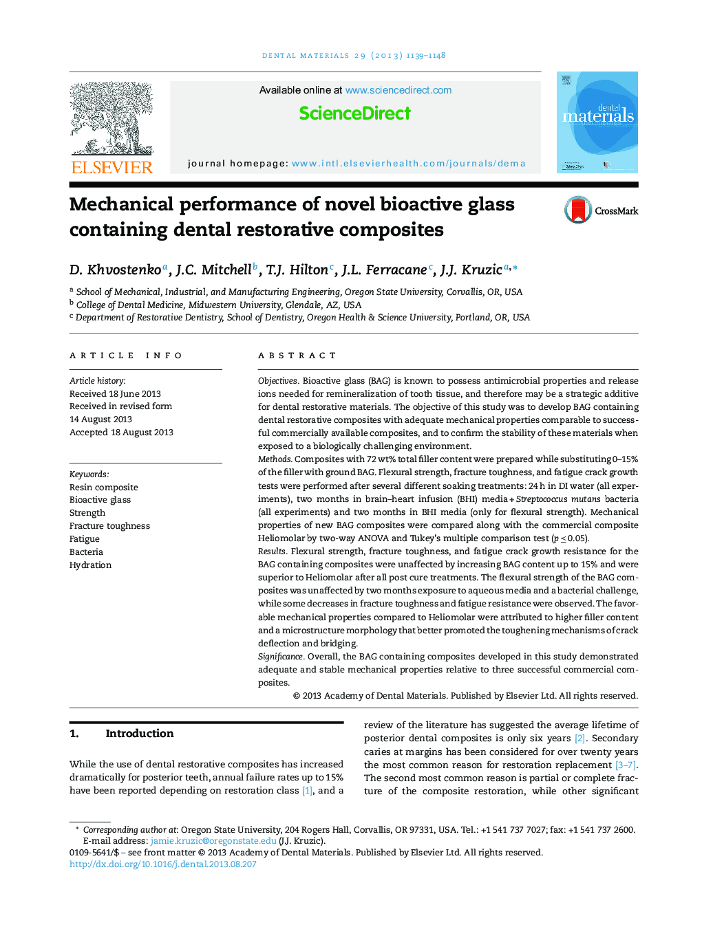 Mechanical performance of novel bioactive glass containing dental restorative composites