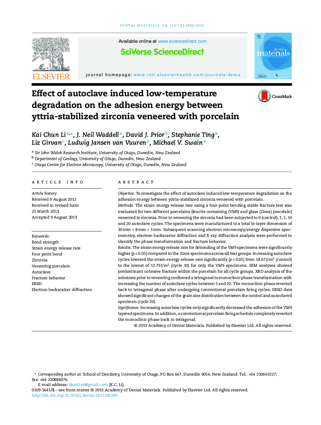 Effect of autoclave induced low-temperature degradation on the adhesion energy between yttria-stabilized zirconia veneered with porcelain