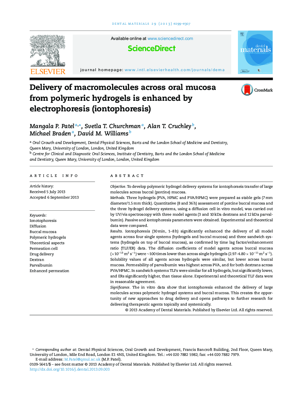 عکس صفحه اول مقاله: Delivery of macromolecules across oral mucosa from polymeric hydrogels is enhanced by electrophoresis (iontophoresis) Delivery of macromolecules across oral mucosa from polymeric hydrogels is enhanced by electrophoresis (iontophoresis)