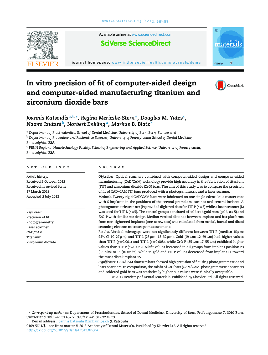 In vitro precision of fit of computer-aided design and computer-aided manufacturing titanium and zirconium dioxide bars
