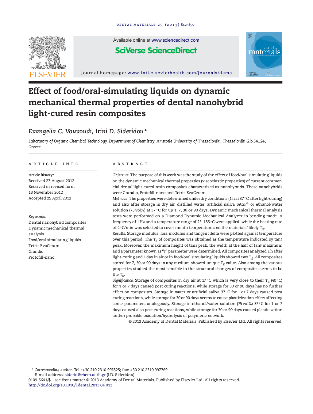 Effect of food/oral-simulating liquids on dynamic mechanical thermal properties of dental nanohybrid light-cured resin composites