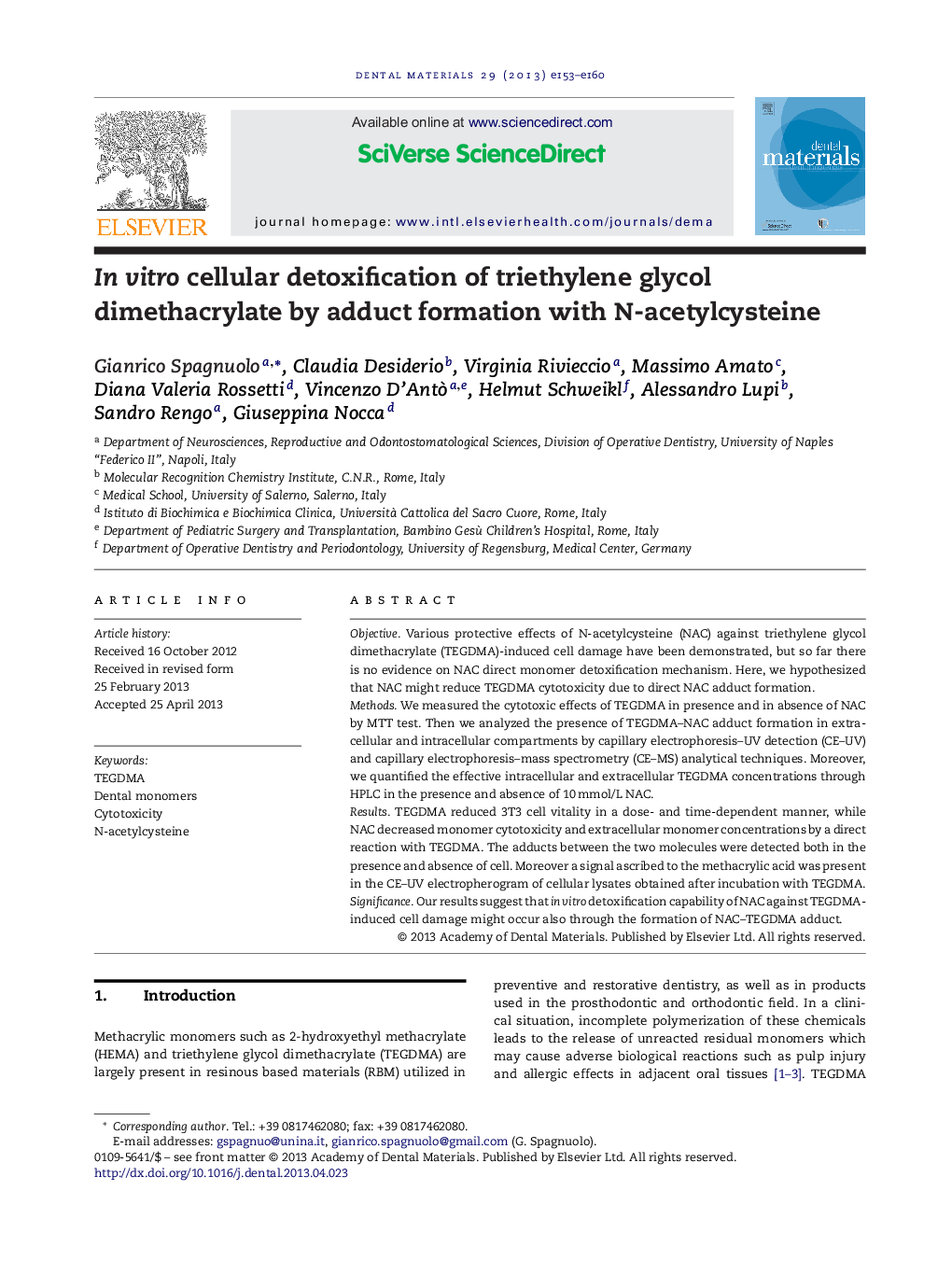 In vitro cellular detoxification of triethylene glycol dimethacrylate by adduct formation with N-acetylcysteine