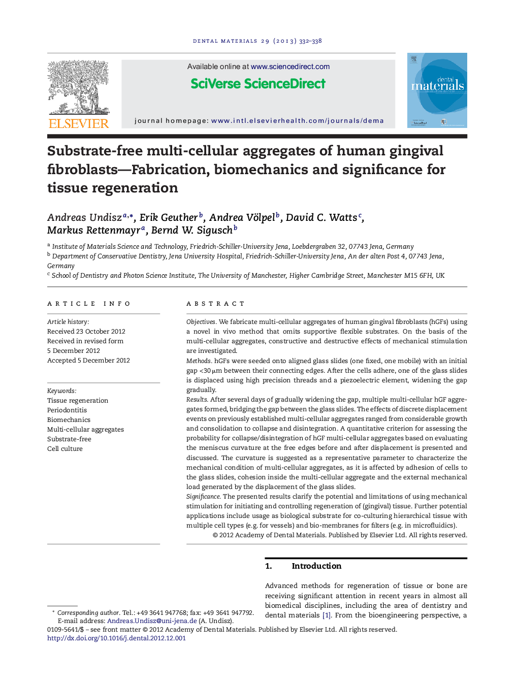 Substrate-free multi-cellular aggregates of human gingival fibroblasts—Fabrication, biomechanics and significance for tissue regeneration