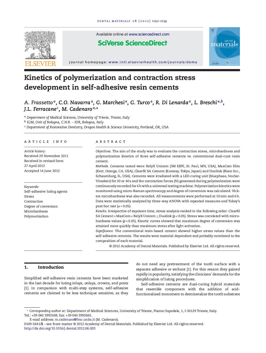 Kinetics of polymerization and contraction stress development in self-adhesive resin cements