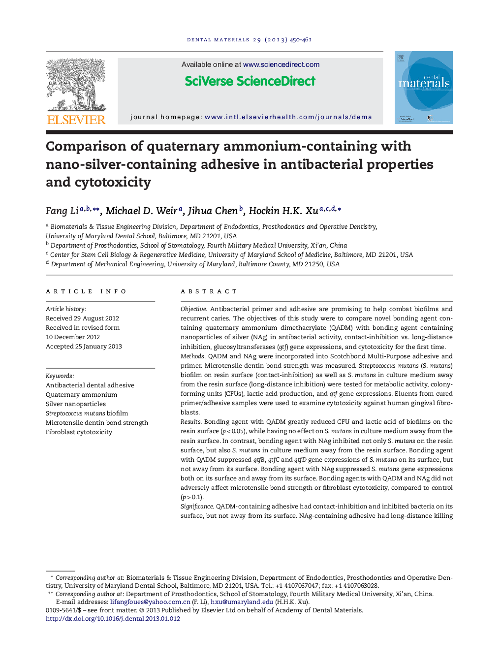 Comparison of quaternary ammonium-containing with nano-silver-containing adhesive in antibacterial properties and cytotoxicity