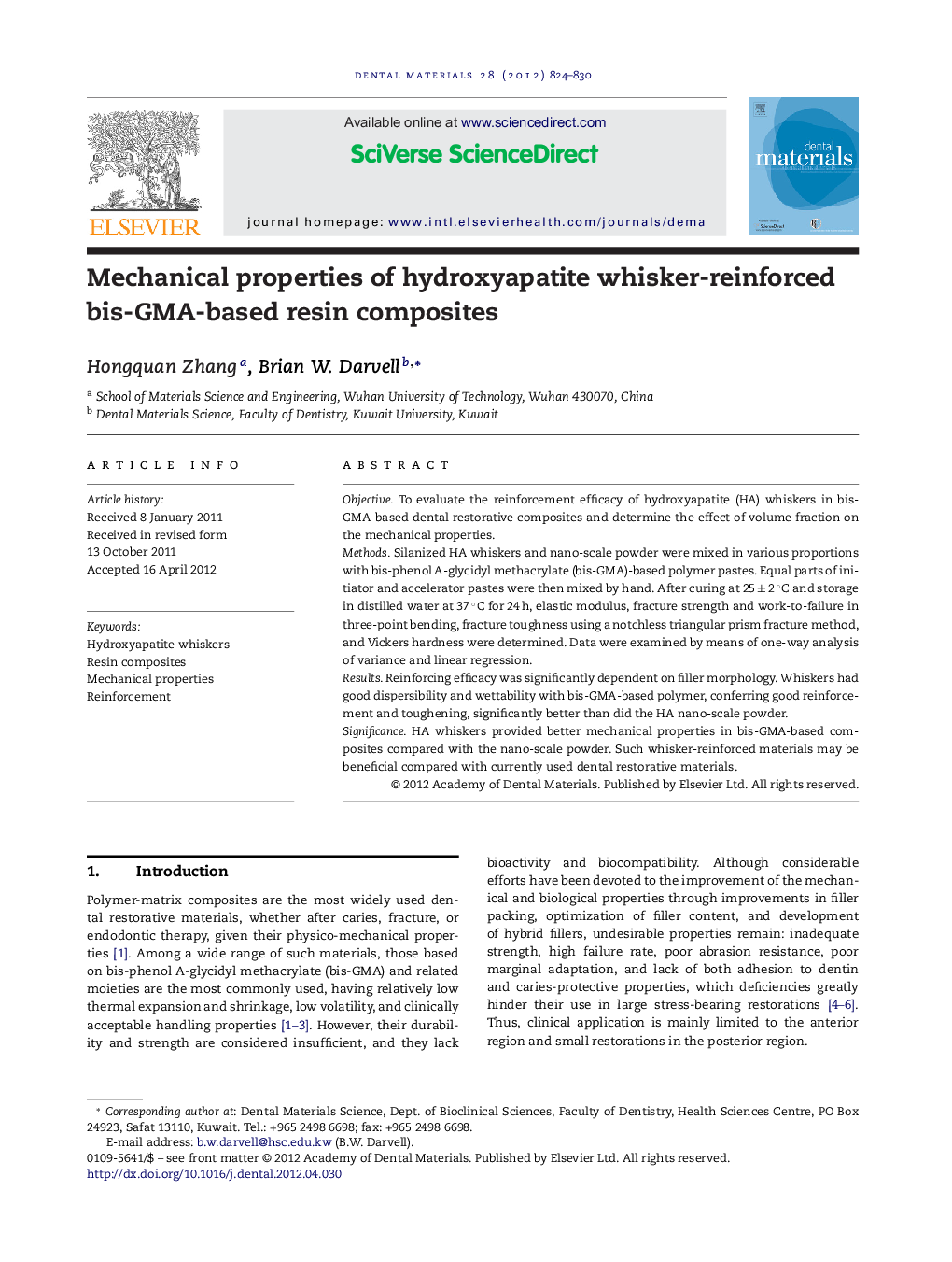 Mechanical properties of hydroxyapatite whisker-reinforced bis-GMA-based resin composites