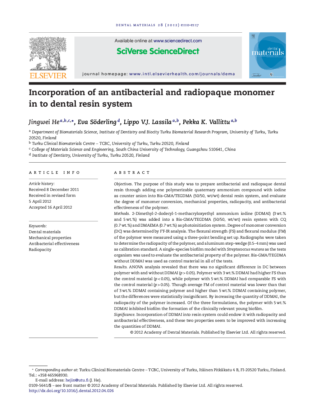 Incorporation of an antibacterial and radiopaque monomer in to dental resin system