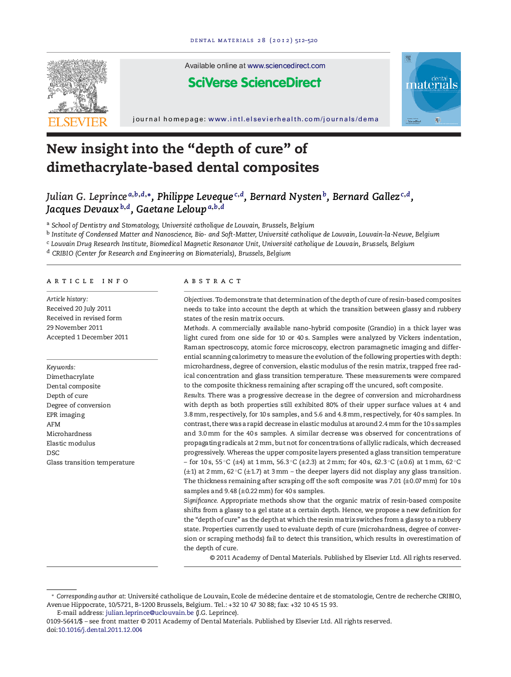 New insight into the “depth of cure” of dimethacrylate-based dental composites