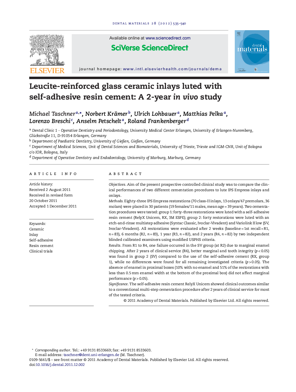 Leucite-reinforced glass ceramic inlays luted with self-adhesive resin cement: A 2-year in vivo study