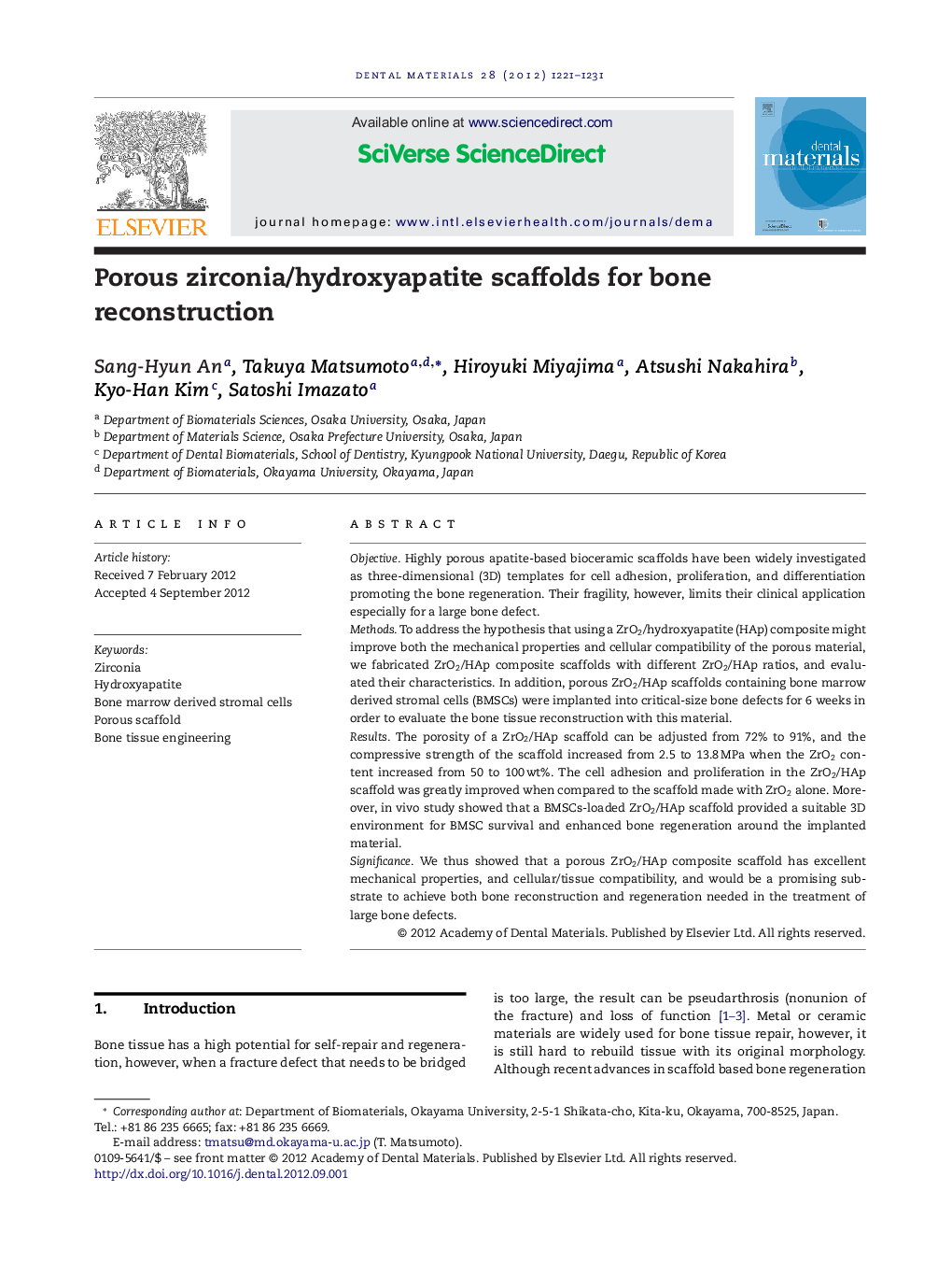 Porous zirconia/hydroxyapatite scaffolds for bone reconstruction