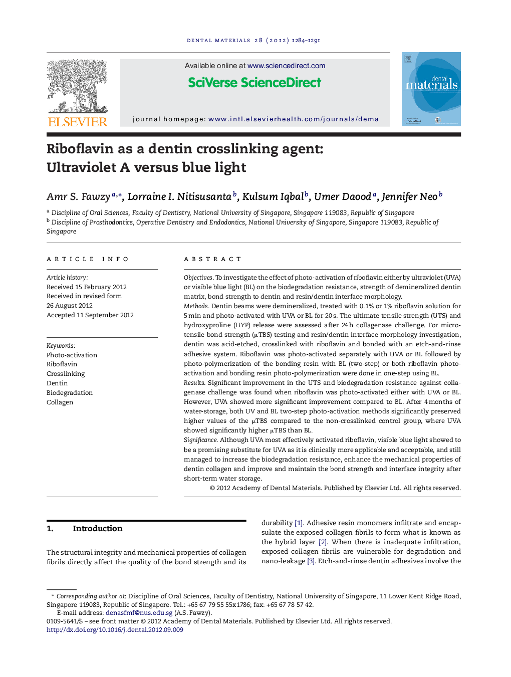 Riboflavin as a dentin crosslinking agent: Ultraviolet A versus blue light