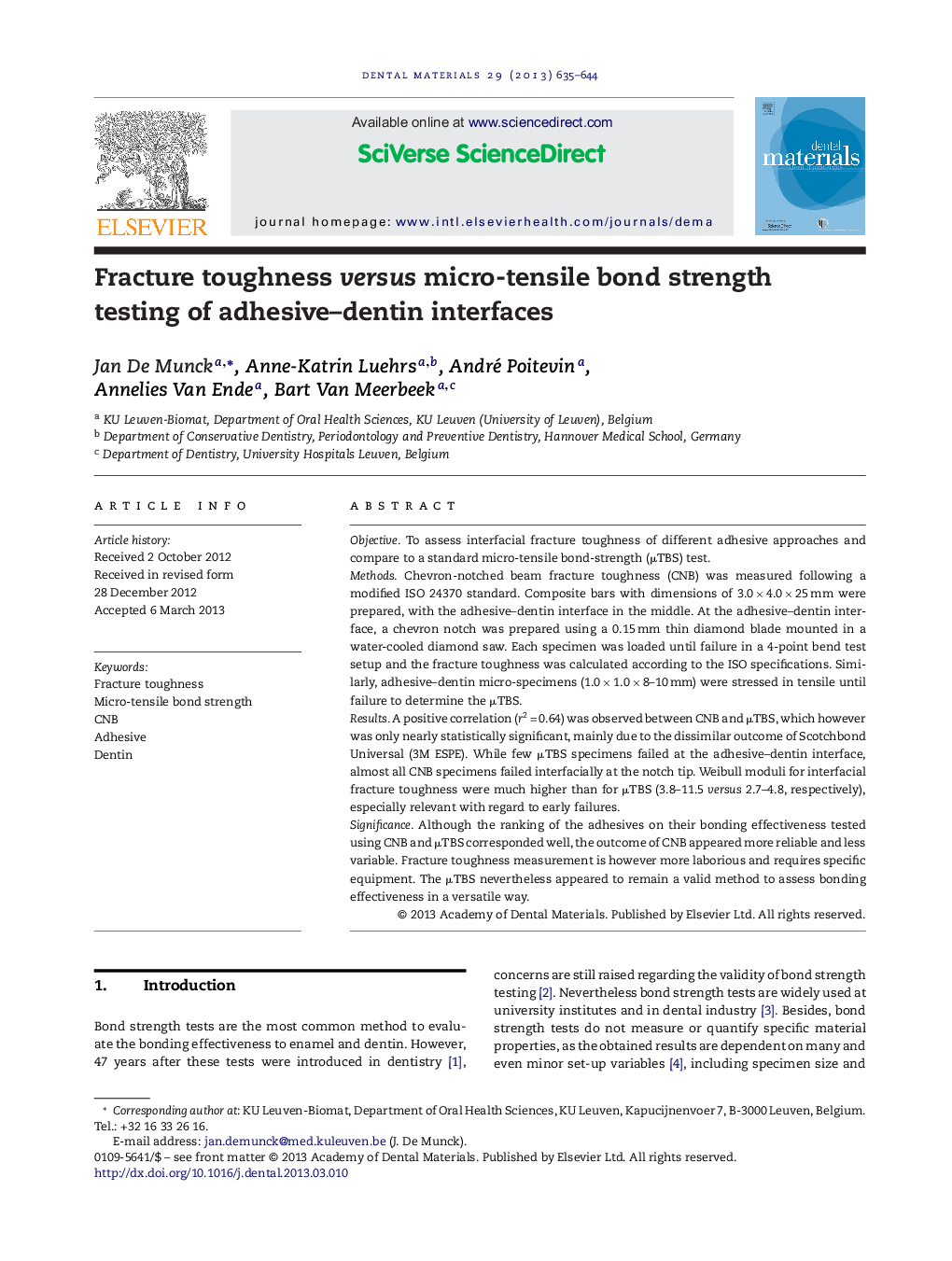 Fracture toughness versus micro-tensile bond strength testing of adhesive–dentin interfaces