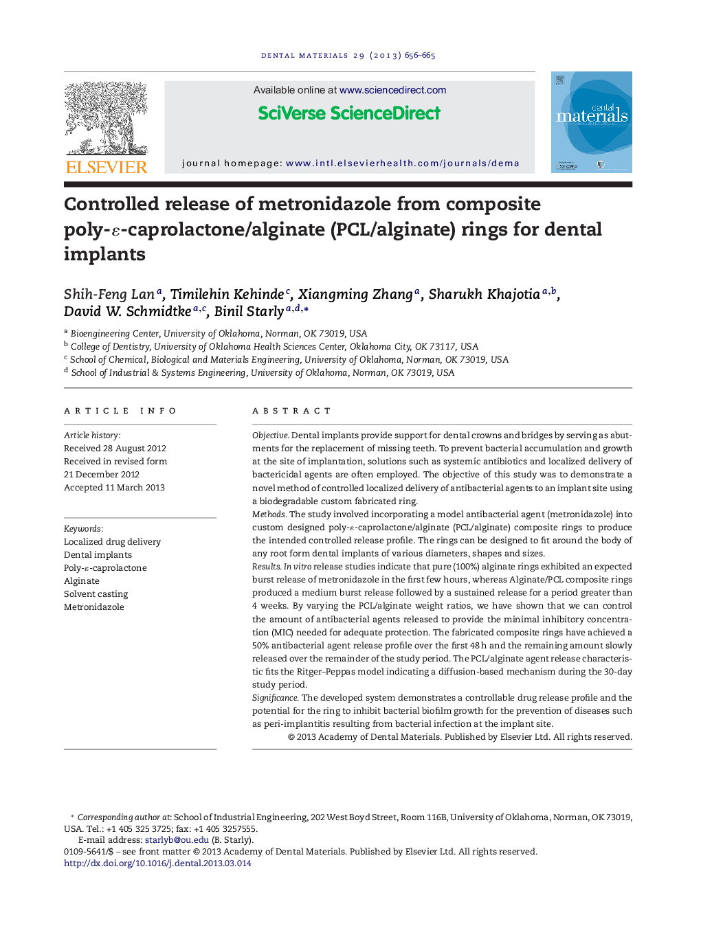 Controlled release of metronidazole from composite poly-ε-caprolactone/alginate (PCL/alginate) rings for dental implants