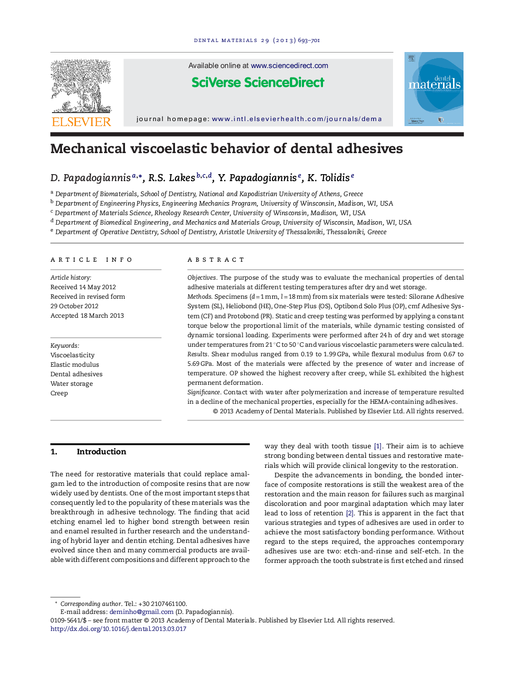 Mechanical viscoelastic behavior of dental adhesives