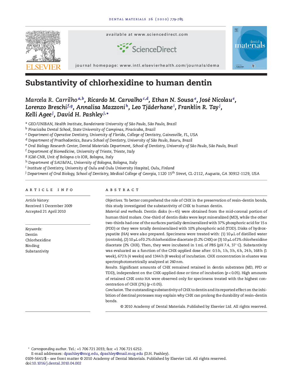 Substantivity of chlorhexidine to human dentin