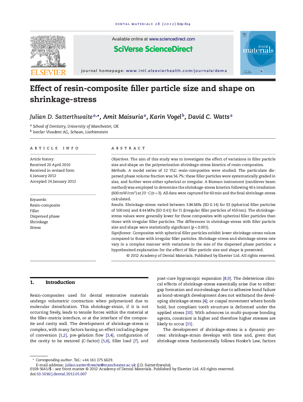 Effect of resin-composite filler particle size and shape on shrinkage-stress