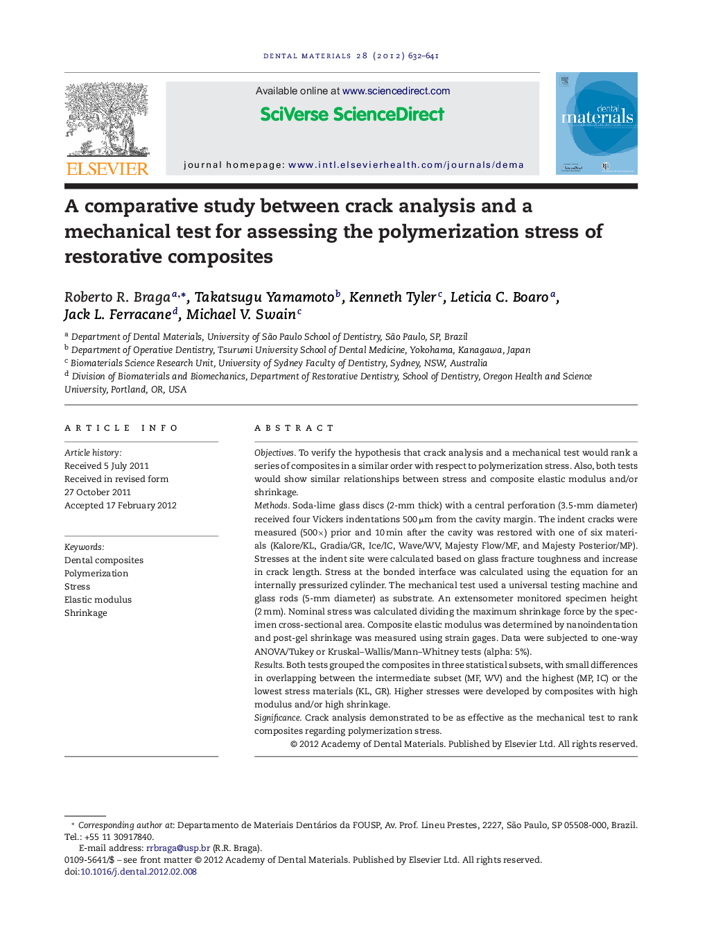 A comparative study between crack analysis and a mechanical test for assessing the polymerization stress of restorative composites