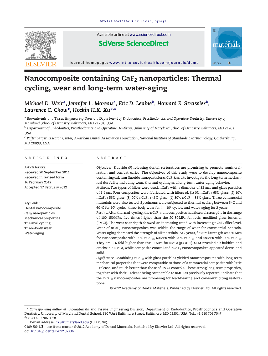 Nanocomposite containing CaF2 nanoparticles: Thermal cycling, wear and long-term water-aging