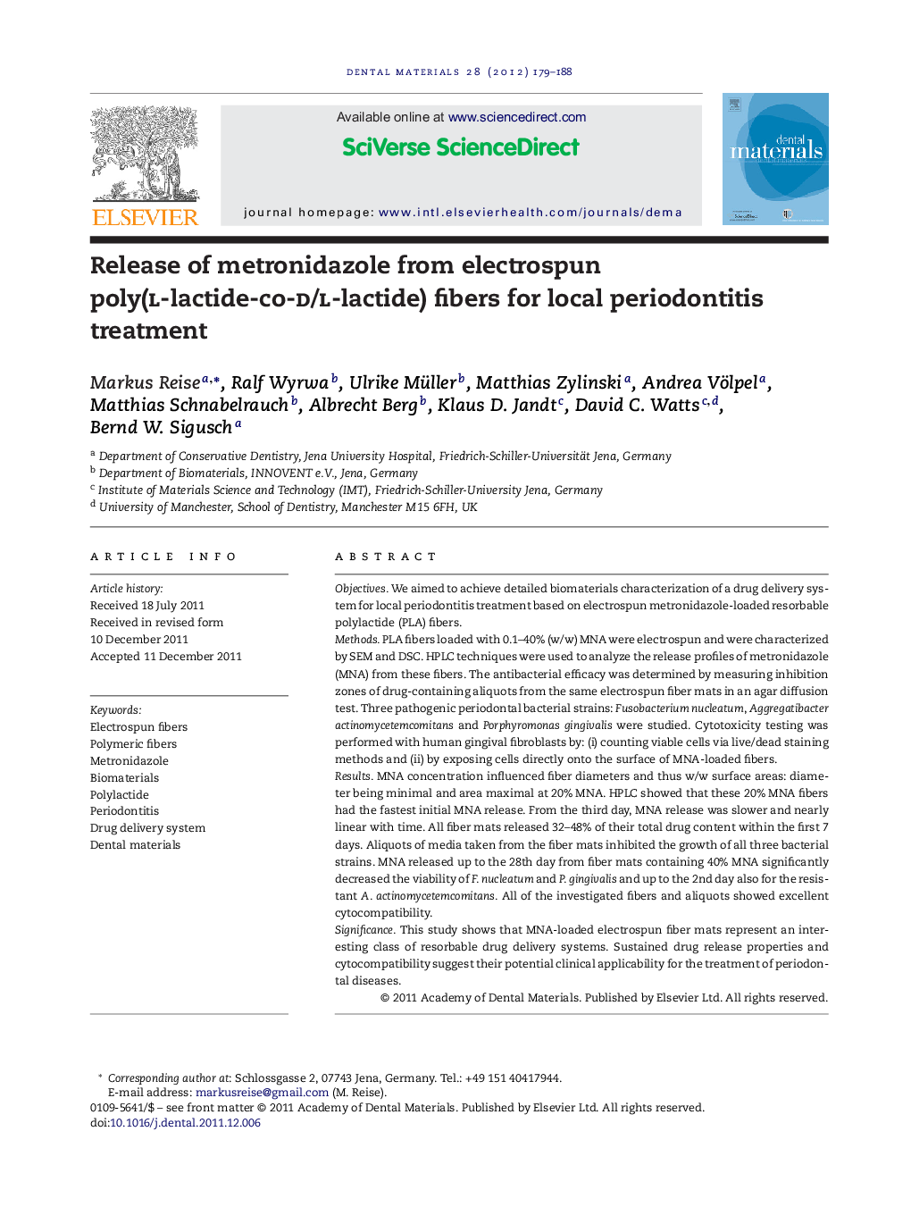 Release of metronidazole from electrospun poly(l-lactide-co-d/l-lactide) fibers for local periodontitis treatment