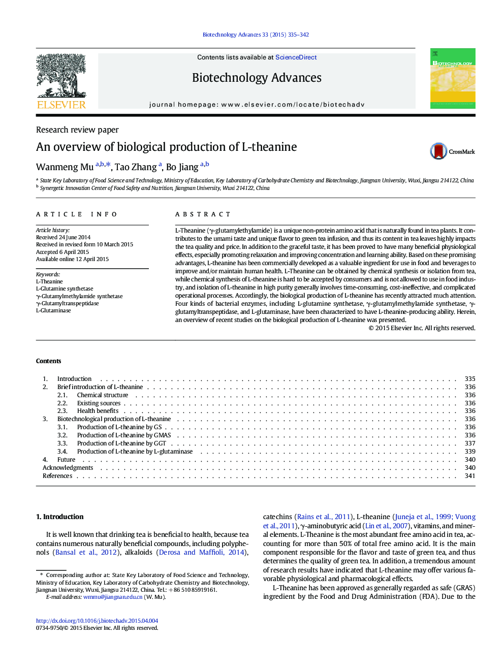 An overview of biological production of L-theanine